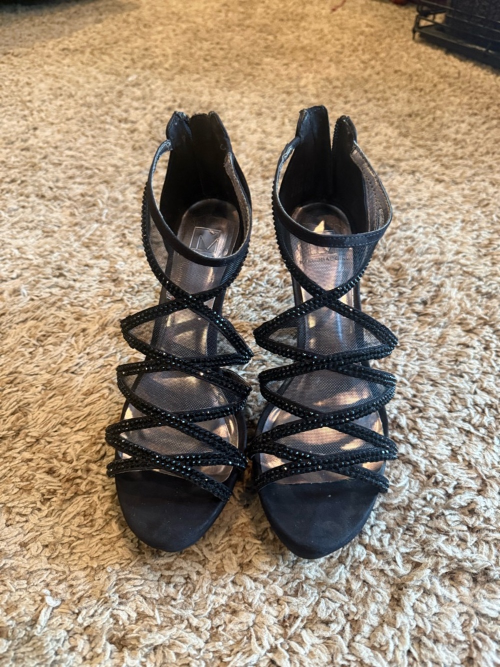 Material Girl Black Strappy Rhinestone Heels